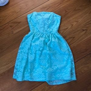 Teal, lace, strapless dress